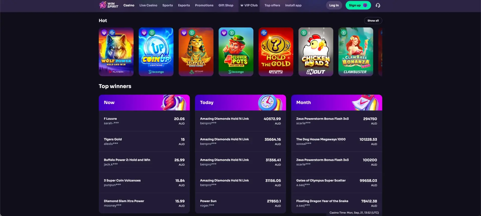 Pokie categories at Win Spirit