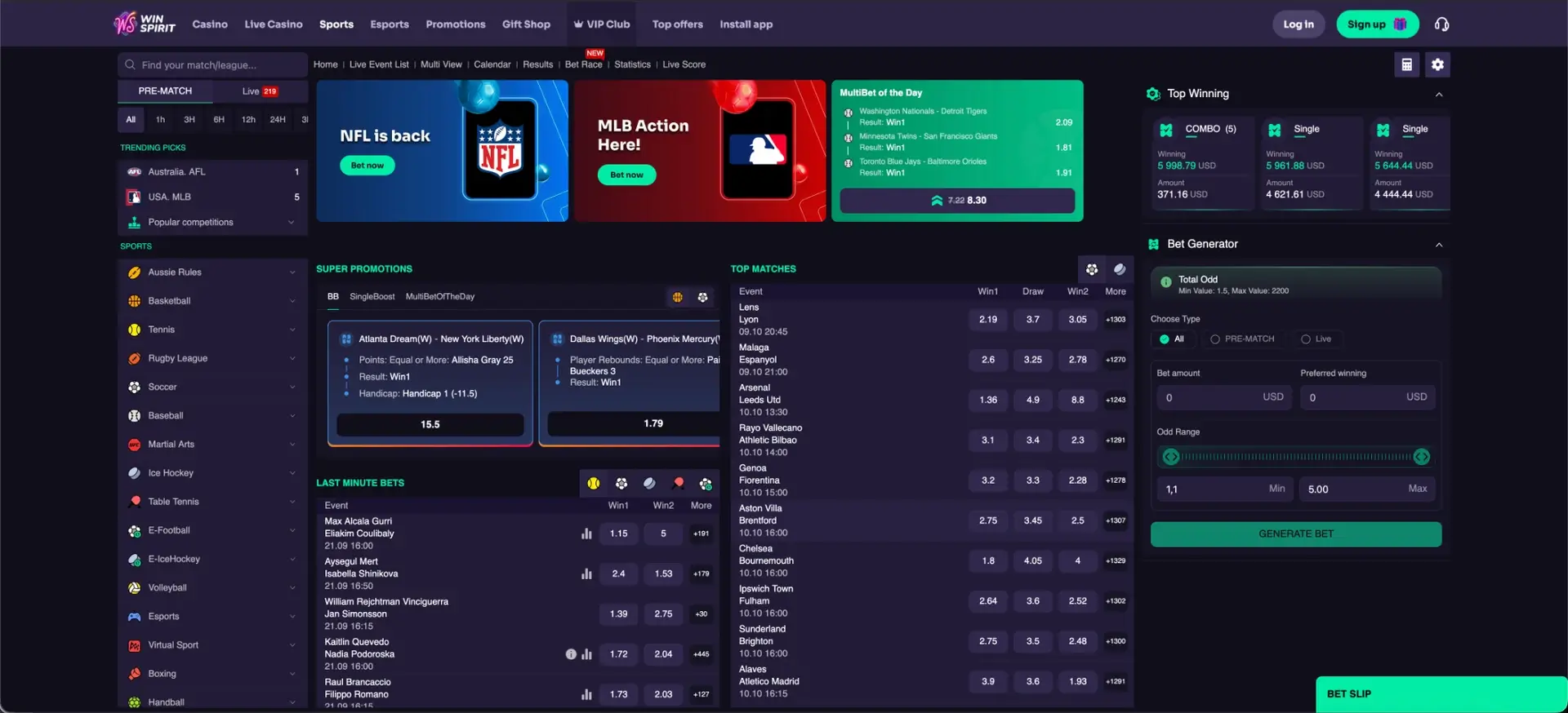 Sportsbook and esports at Win Spirit Australia